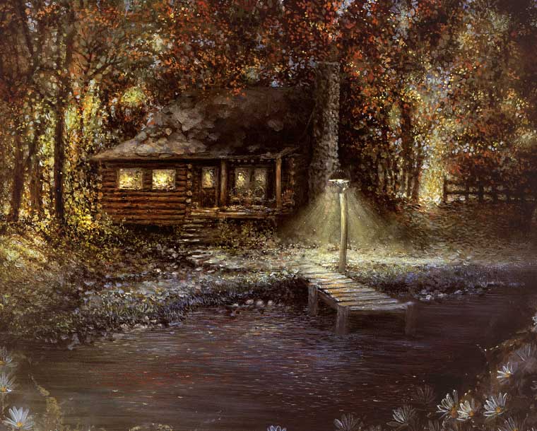 fall log cabin scene